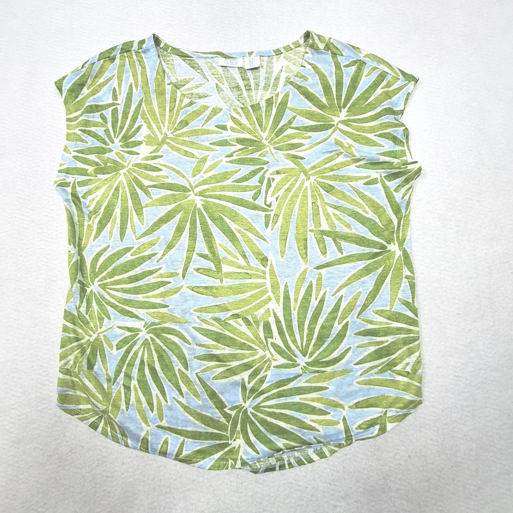 Sigrid‎ Olsen Top Womens XL Blue Green Linen Palm Leaf Tropical Sleeveless